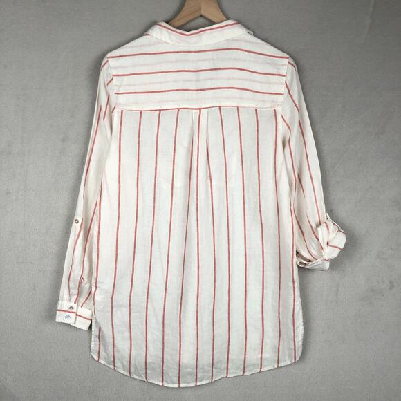 C&C CALIFORNIA 100% Linen Tunic Sz M White Red Stripe 1/2 Button Roll Tab Sleeve - Picture 2 of 13